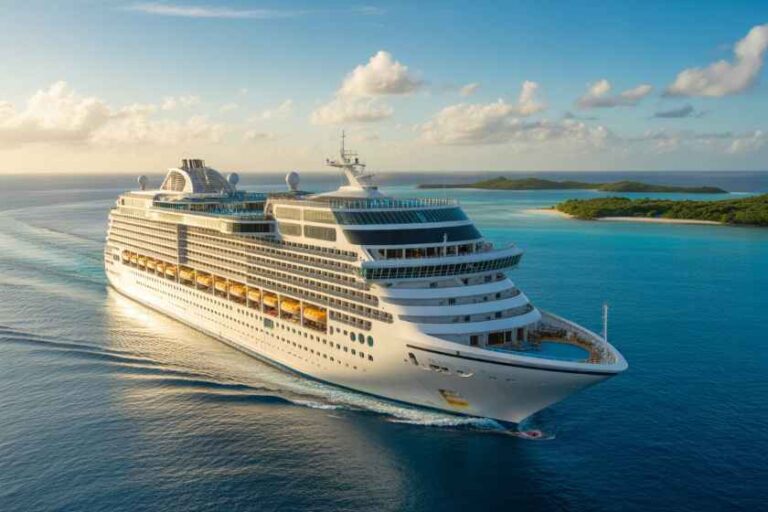White cruise ship sailing in clear blue ocean near a small island.