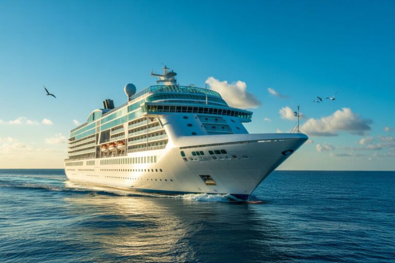 White luxury cruise ship sailing on a calm blue ocean under a clear sky, with seagulls nearby