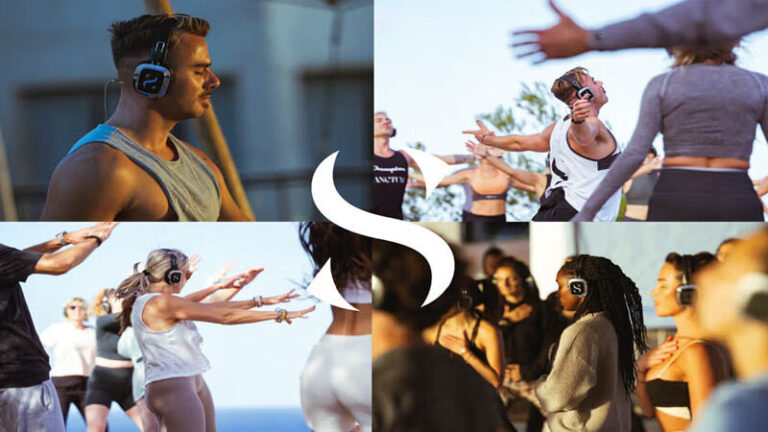 Collage of people in a music-driven group fitness class wearing wireless headphones, with a white S logo in the center.