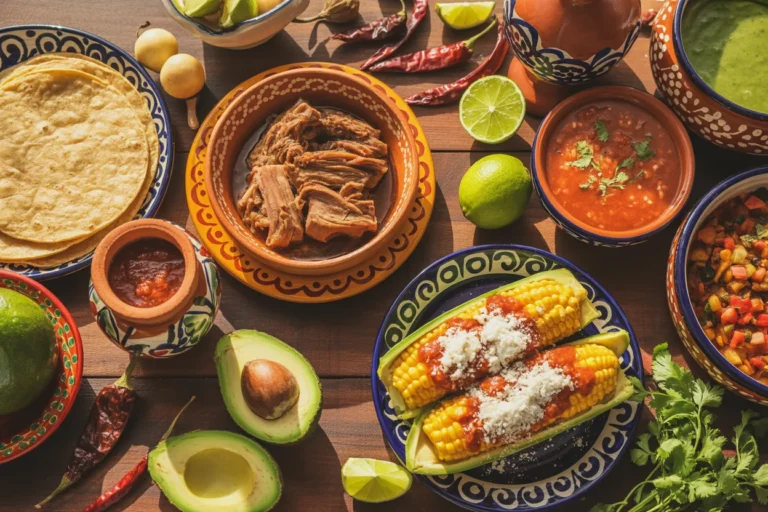 Colorful Mexican feast on a wooden table: corn on the cob with cheese, salsa, tortillas, avocado, lime, and herbs in decorative bowls.
