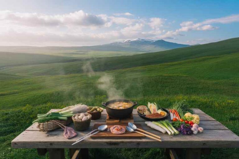 A wooden table set with a steaming pot of stew and fresh vegetables in a green, rolling countryside under a blue sky.