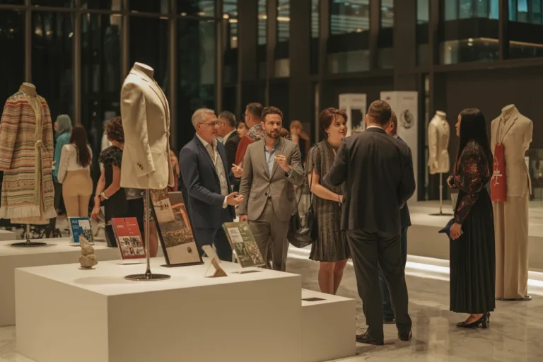 Group of professionally dressed people chatting at a fashion exhibit with mannequins and display tables nearby.