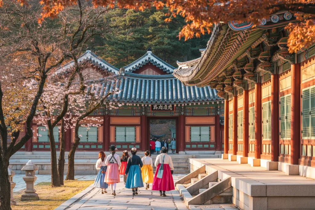 People in colorful hanbok walking toward a traditional Korean temple gateway amid autumn trees and stone steps.