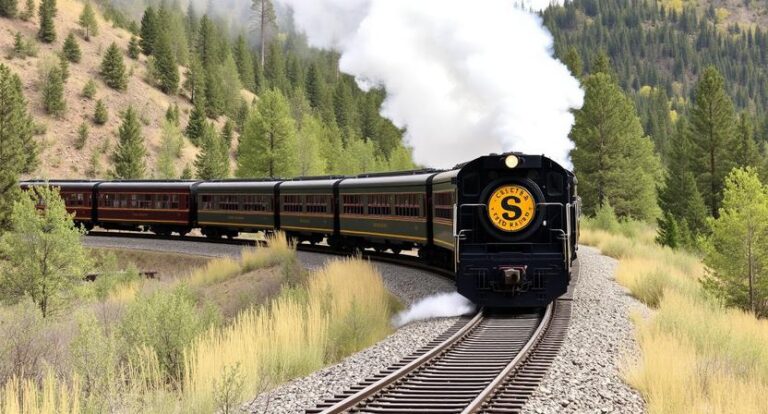Steam locomotive pulling vintage passenger cars around a curved track through a pine forest with smoke billowing from the engine.