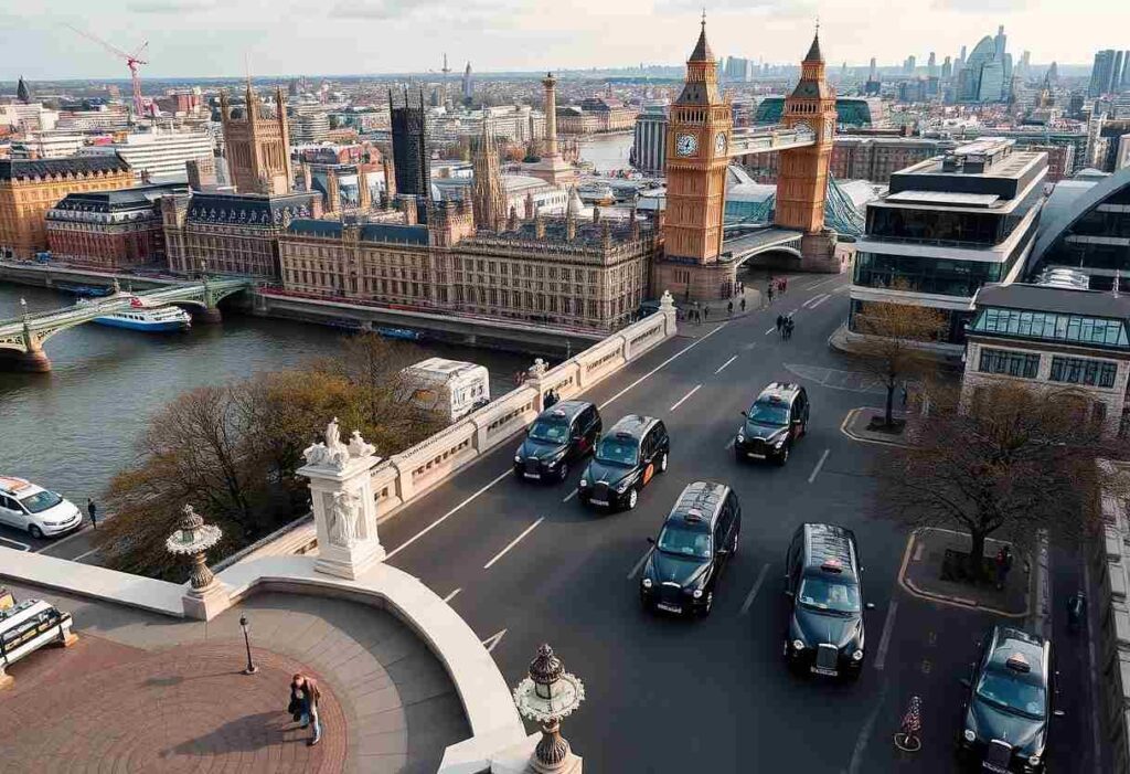 Aerial view of central London showing Big Ben and Tower Bridge, the River Thames on the left, and a busy road with black taxis in the foreground.