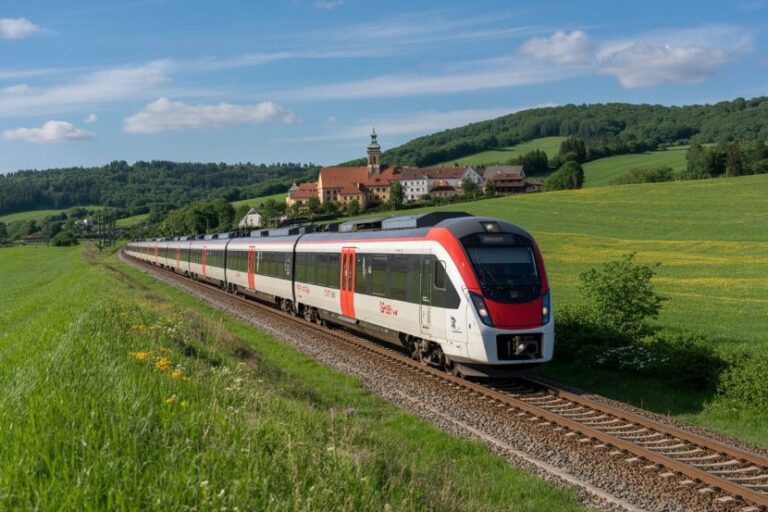 High-speed white and red passenger train curving along a rural railway with a village and church tower in the background under a blue sky.