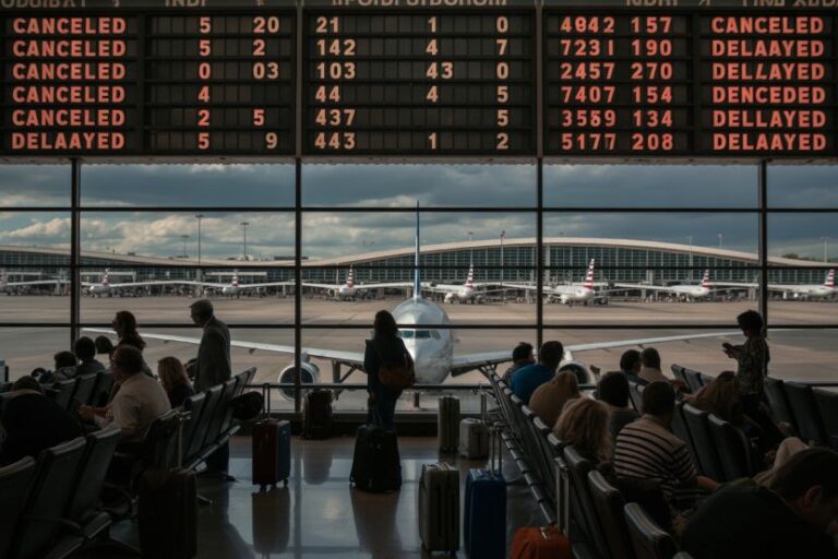 Busy airport terminal with a large flight information board overhead, passengers seated with suitcases, and a plane visible through the windows on the tarmac.