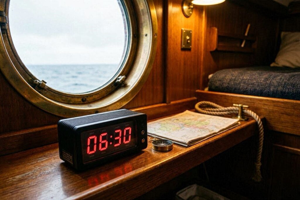 Vintage alarm clock shows 06:30 on a wooden boat-cabin desk, with a map, compass, and rope nearby beside a porthole looking out to sea.