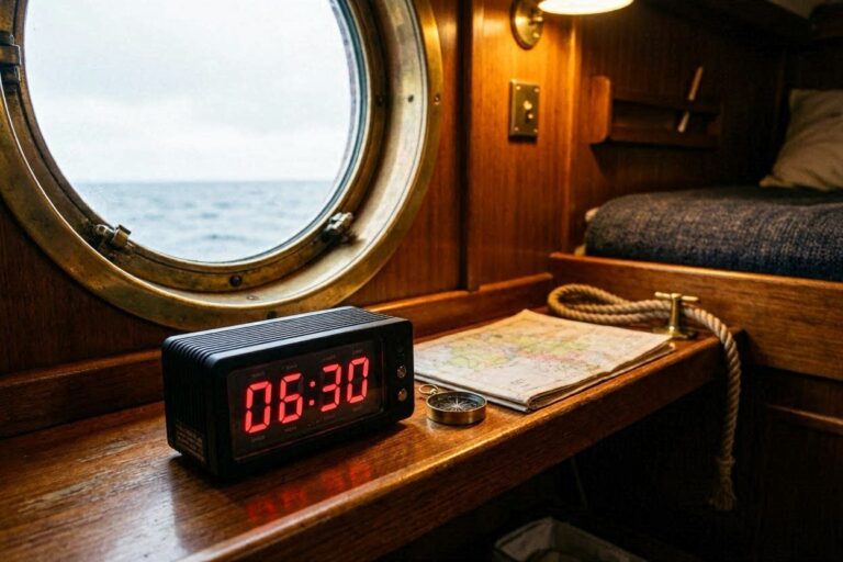 Vintage alarm clock shows 06:30 on a wooden boat-cabin desk, with a map, compass, and rope nearby beside a porthole looking out to sea.