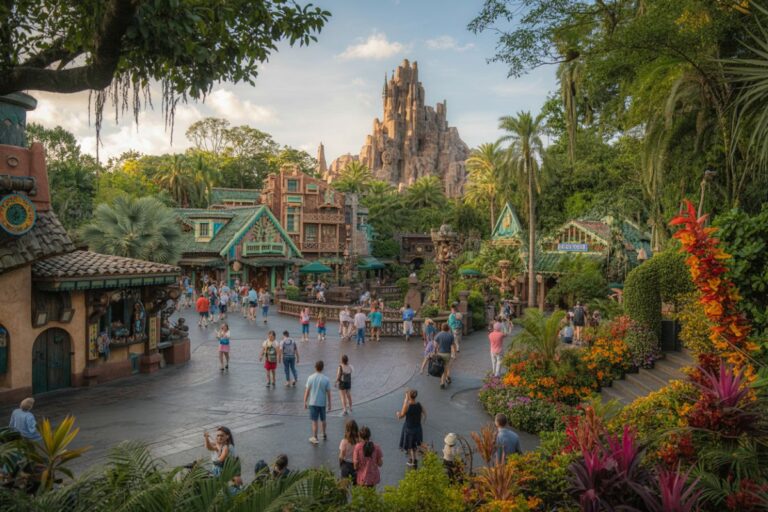 Crowded theme park plaza with colorful buildings, tropical plants, and a rocky mountain centerpiece in the distance.