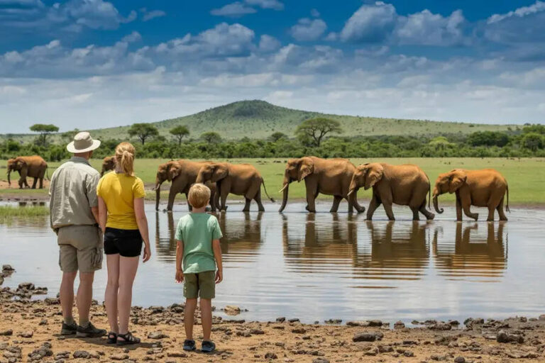 Family of three watching elephants cross a shallow waterhole in a savannah landscape with hills in the distance, sunny day.