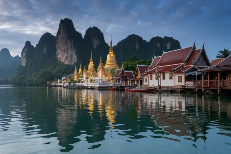 Temple complex with golden chedis on a lake, limestone mountains in the background, reflections on the water.