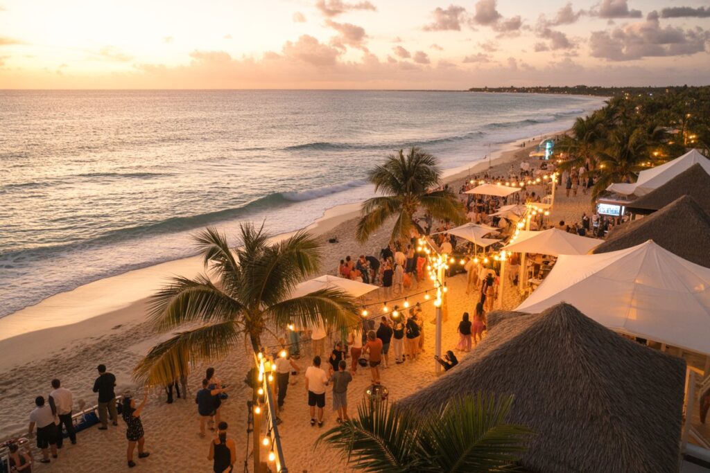 Sunset beach party with string lights, palm trees, and white tents along the sandy shore and ocean waves in the background