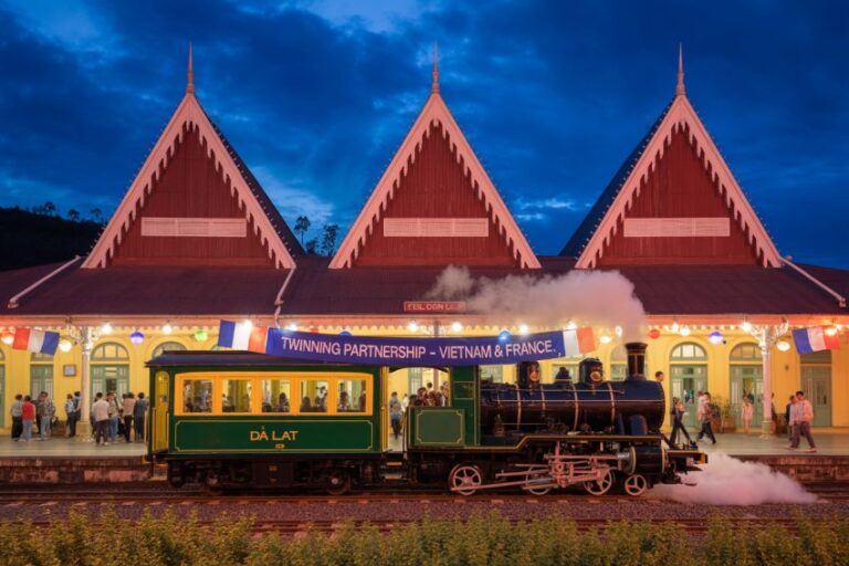 Steam locomotive at a colorful station at dusk, with a banner about Vietnam–France twinning and flags along the platform edge.