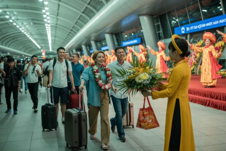 Travelers with rolling suitcases greet a welcoming performer handing flowers at a modern airport corridor.