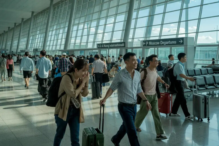 Crowded airport terminal with travelers pulling rolling suitcases under glass walls, signs overhead show departures to Moscow and international gates.