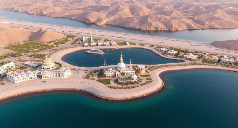 A luxury resort with domed buildings around a crescent-shaped lagoon and a marina, set against desert mountains in the distance.