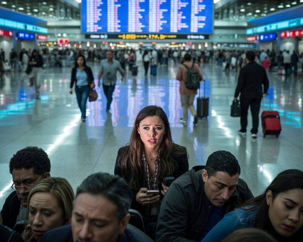 A worried woman seated among travelers in a busy airport concourse, holding a phone with a large blue departure board behind her.
