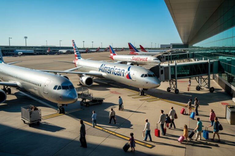 American Airlines jet at the gate with a jet bridge and passengers walking on the tarmac under a clear sky