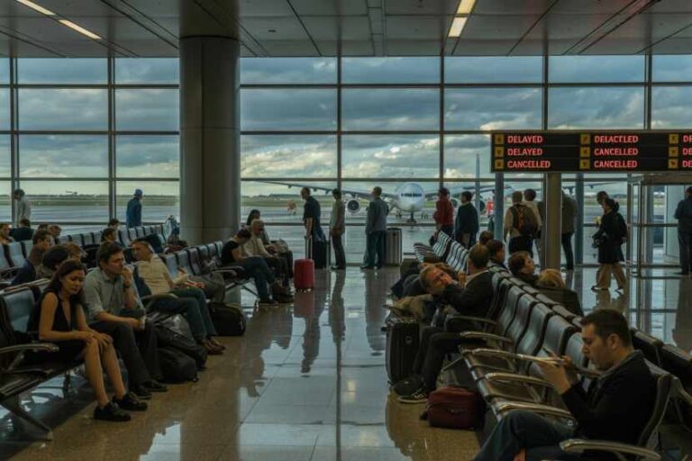 People wait in a spacious airport terminal with rows of seats and a large window overlooking runways; flight boards show delays.