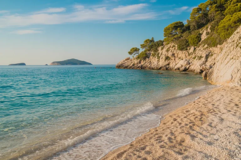 Clear turquoise sea washing a pebbly beach beside a rocky, tree-covered cliff edge with distant islands on the horizon
