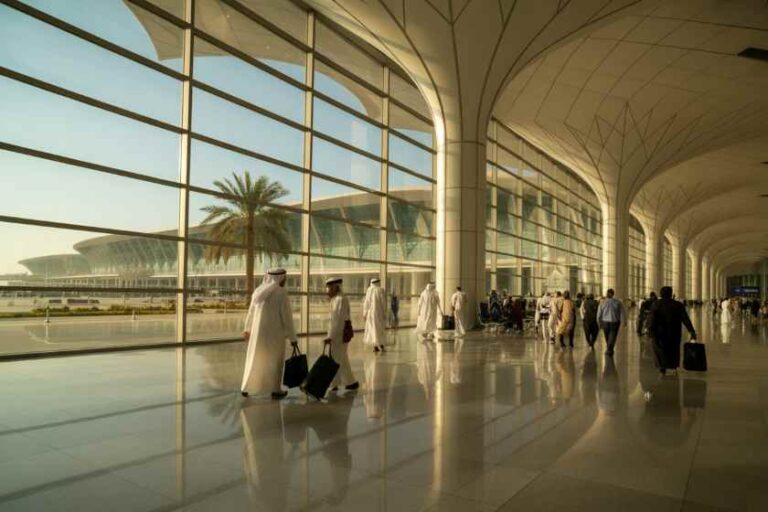 Spacious airport terminal with travellers wheeling suitcases past large glass walls and a palm tree outside.
