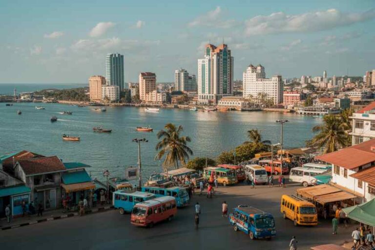 Bustling waterfront cityscape with colorful minibuses parked along a busy street and a calm harbor in front of tall buildings.