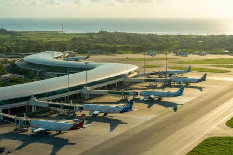 Aerial view of a modern airport terminal with several jets parked at gates along a curved concourse, runway to the side.