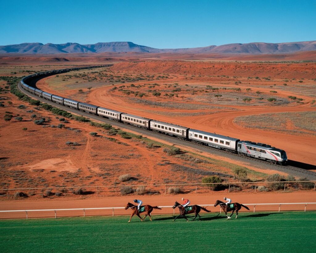 Passenger train curves through a red desert landscape with distant mountains; in the foreground, a horse race on a green track.