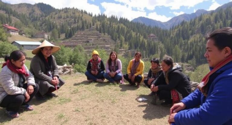 Group of nine people seated in a circle on a sunny hillside in a rural mountainous village, chatting outdoors.