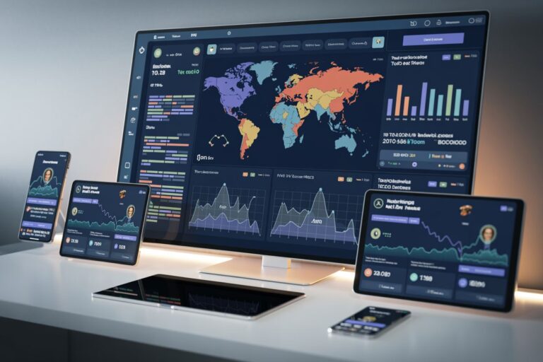 Large monitor showing a multi-panel data dashboard with a world map and charts, plus tablets and a phone displaying analytics on a desk.",