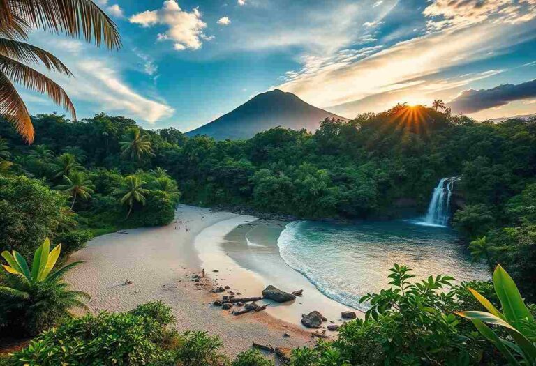 Tropical beach cove at sunset with a waterfall, palm trees, and a distant volcanic mountain behind lush jungle.