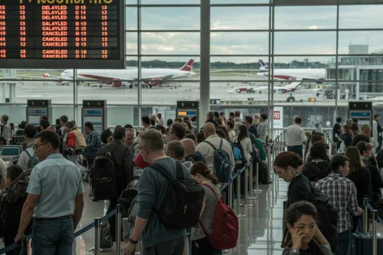 Crowded airport terminal with travelers queuing at check-in desks and planes visible outside through large glass windows.