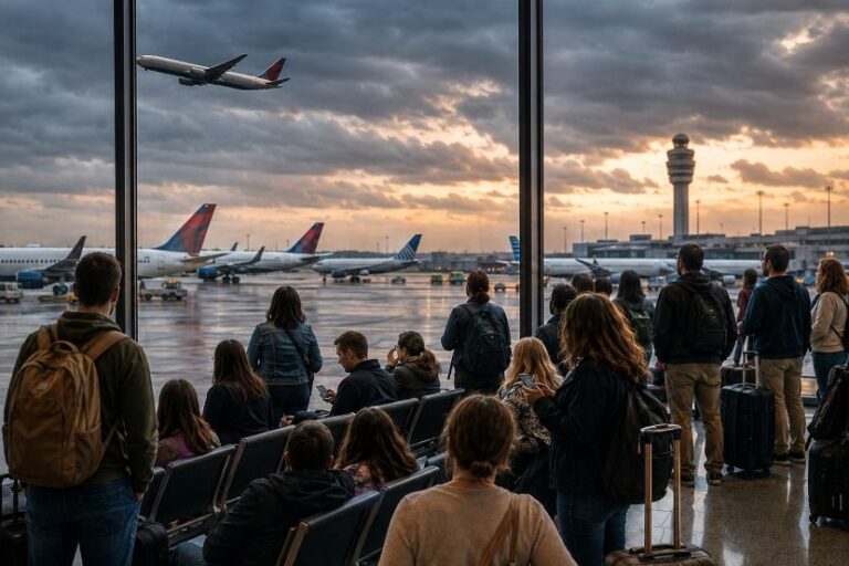 Travelers wait with luggage in a busy airport gate as planes taxi and take off at sunset outside the windows.