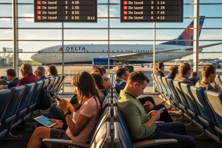 Passengers seated at an airport gate with a Delta plane visible outside and departure boards overhead.