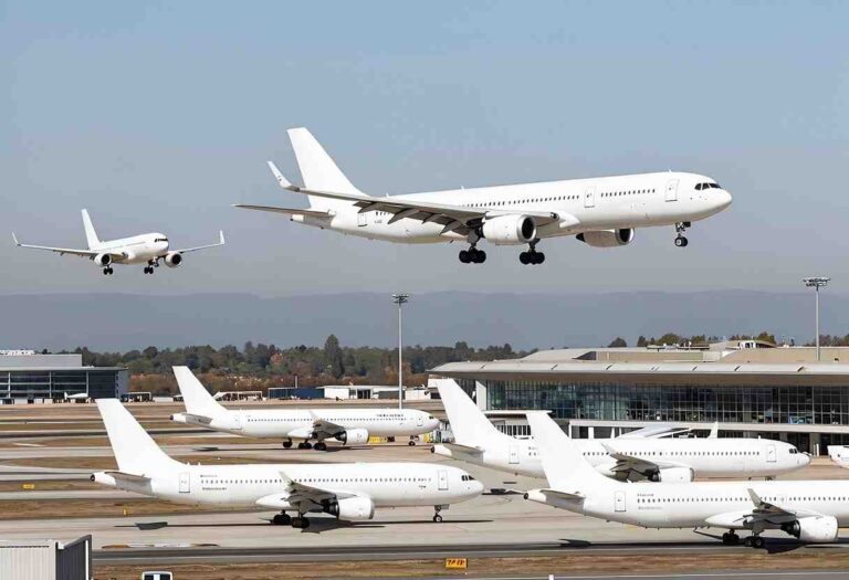 Several white commercial airplanes on the runway at an airport, with a larger jet descending to land in the background.