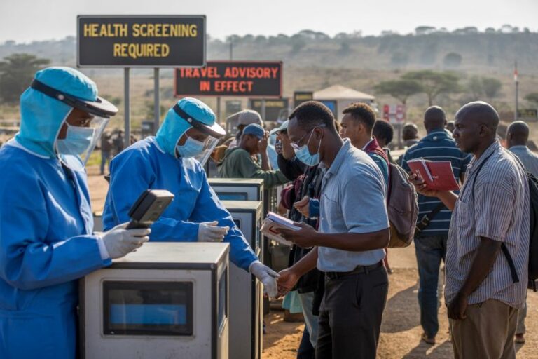 Healthcare workers in full PPE screen travelers at a checkpoint with masks on; sign reads 'Health Screening Required' in the background.