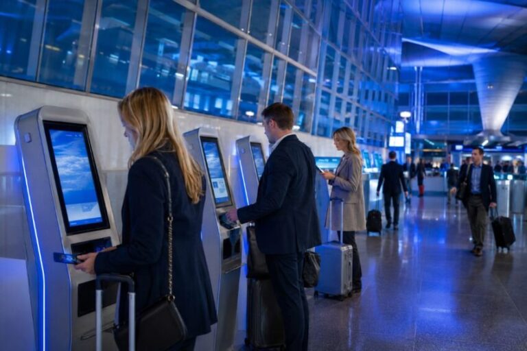 Travellers using self-service check-in kiosks at a modern airport, pulling suitcases under blue-lit windows.