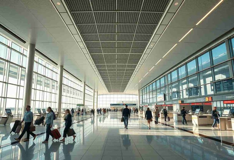 Busy airport terminal with travelers walking through a modern glass-walled concourse, luggage in tow.