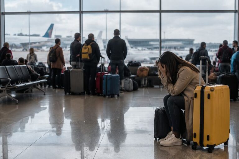 A distressed woman sits on a black suitcase at an airport terminal, head in hands, with a bright yellow suitcase beside her and other travelers with luggage in the background.