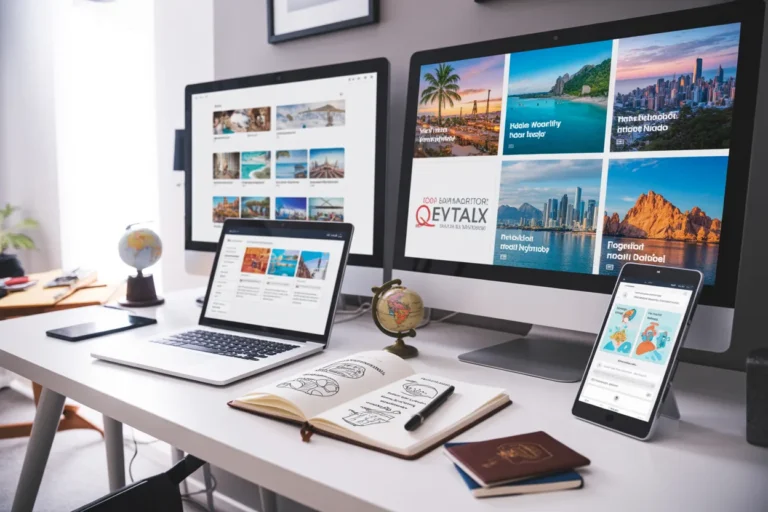 Modern travel-planning desk: a large monitor shows a photo grid, with a laptop and smartphone displaying travel content, plus a notebook, globe, and passport on the desk.