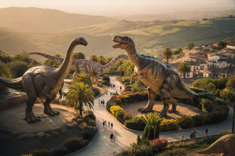Three large dinosaur statues loom over a landscaped park as visitors walk along a winding path at sunset, with palm trees and distant hills in view.