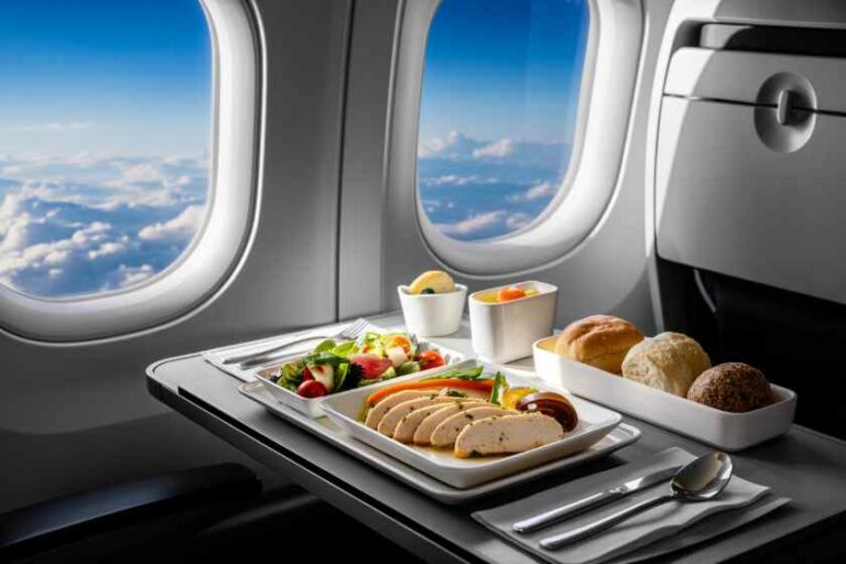 In-flight meal on a tray by the window: sliced meat with salad, bread rolls, and small sides served on a sunlit airplane.