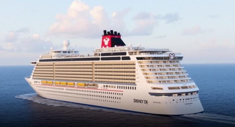 Disney Cruise Line ship sailing on calm blue ocean, with multiple decks visible and a red Mickey-shaped funnel. (cruise ship image)