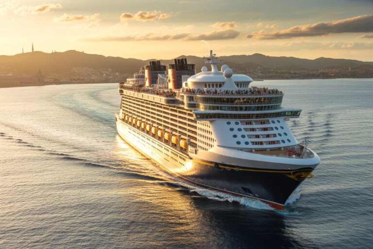 Large cruise ship sailing at sunset, with multiple decks and many passengers on the top deck.