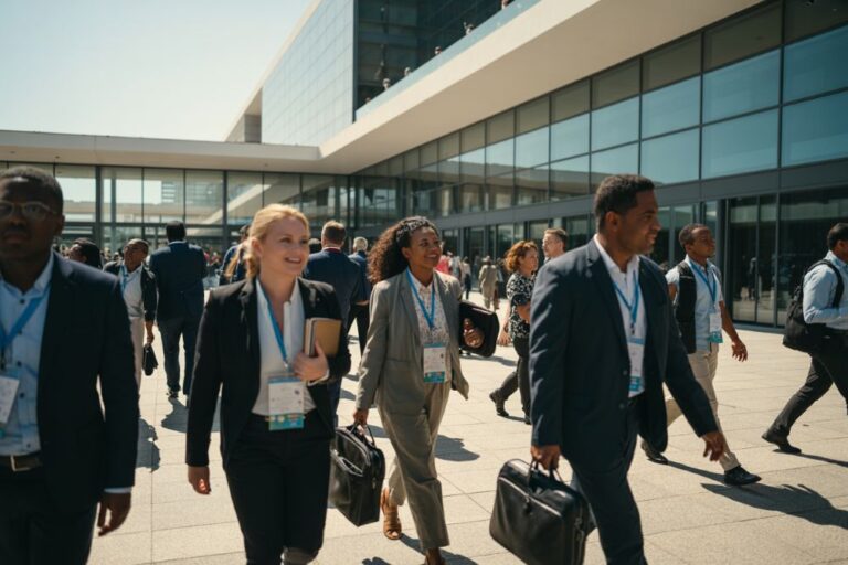 Group of business professionals walking outside a modern glass conference center, wearing badges.