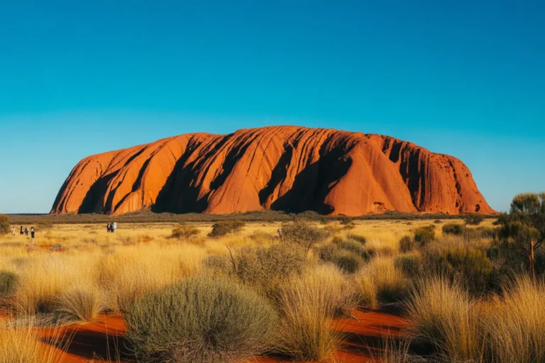 Massive red rock formation in a desert under a clear blue sky, with golden grasses and a few hikers in the foreground.