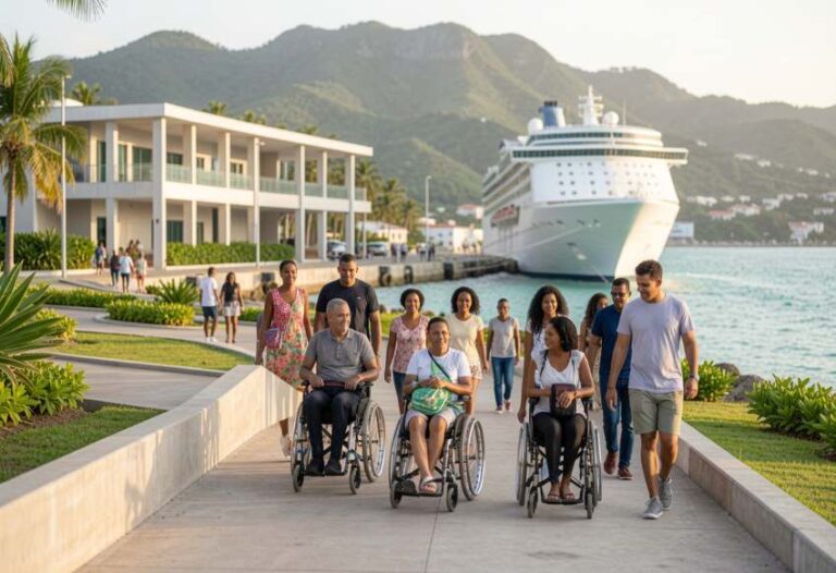 A diverse group including three wheelchair users walks along a waterfront promenade with a large cruise ship in the background.