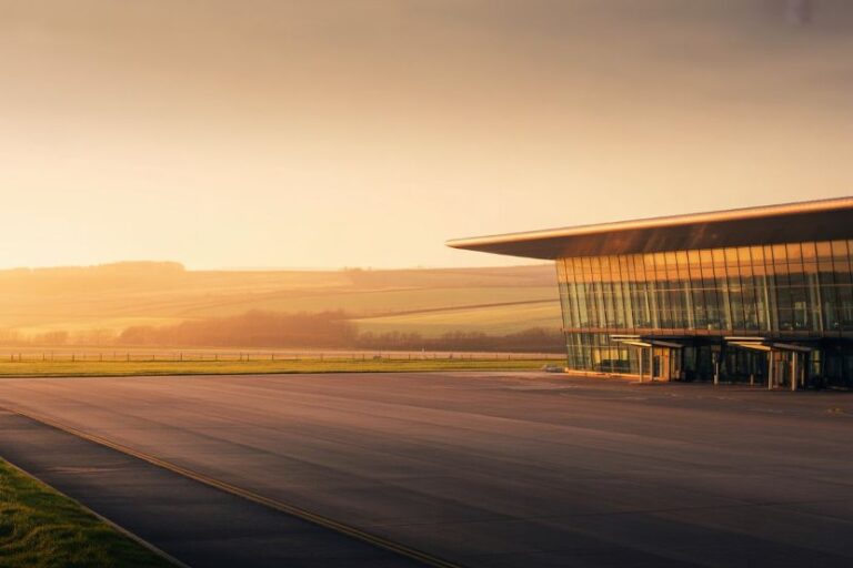 Sunset over an airport, showing a modern glass terminal and an empty tarmac.