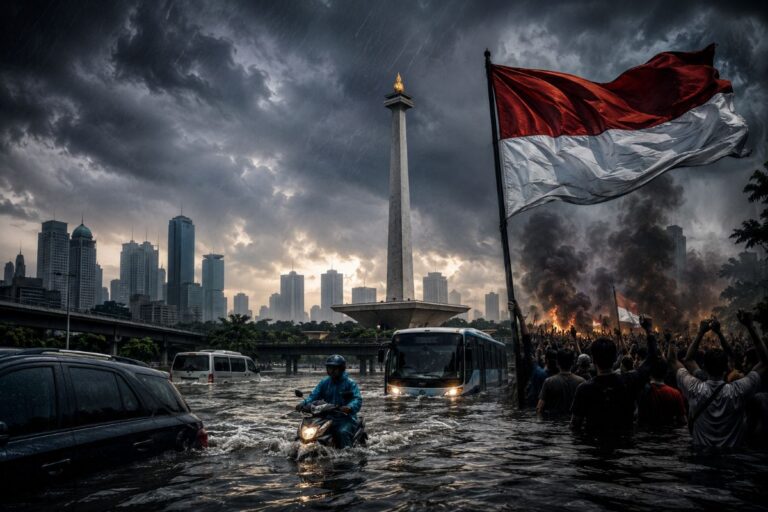 Flooded city street with a bus and car partially submerged, a motorbike rider navigating the high water as a crowd waves an Indonesian flag amid smoke and flames.